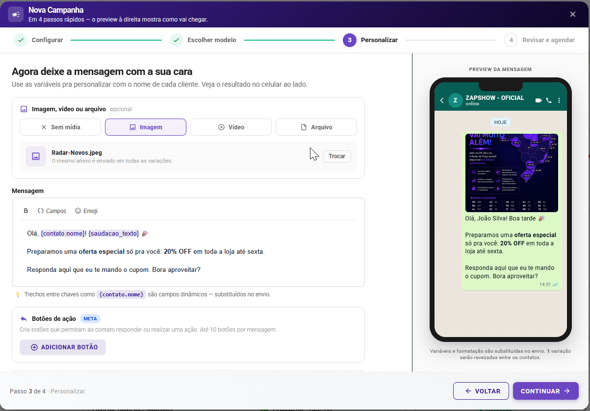 Tela do ZapShow — Passo 5: Personalize a mensagem